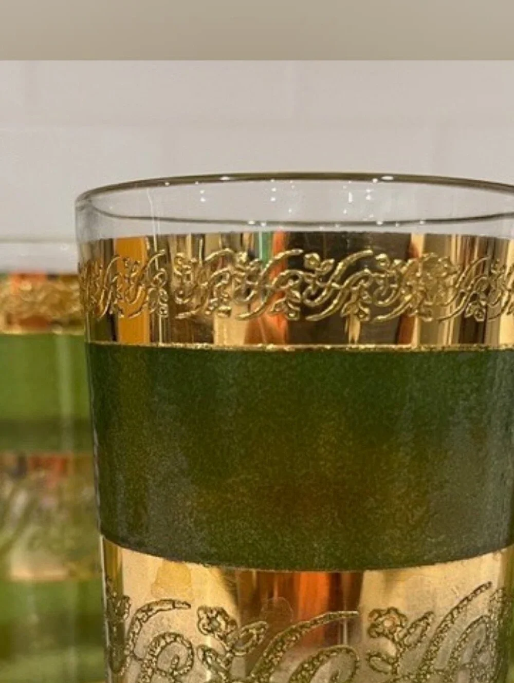 Vintage‎ MCM Starlyte Green & 22k Gold Scroll Highball Glasses - Set of 6 EUC